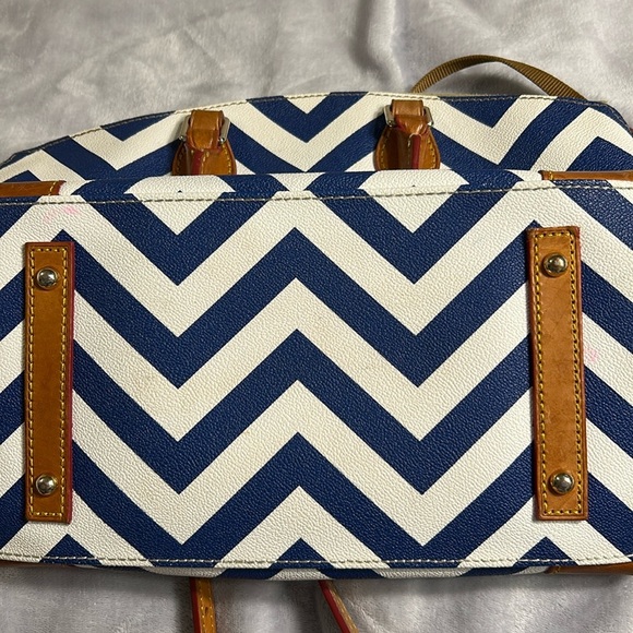 Dooney & Bourke Navy and Tan Chevron Satchel With Crossbody Strap - Picture 16 of 16